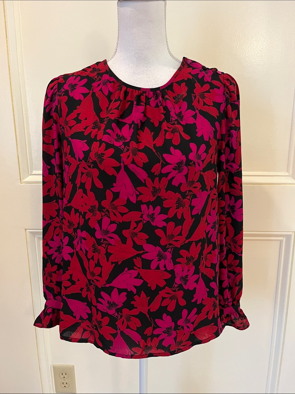 J. Crew Black Blouse with Red and Pink Floral Print